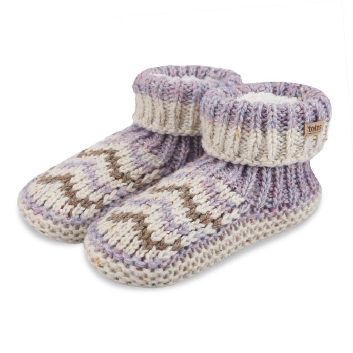 totes toasties® Ladies Sherpa Lined Chunky Knit Bootie Purple / Oat Mix Extra Image 2